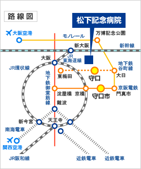 大阪・守口市・大日方面と松下記念病院の広域路線図